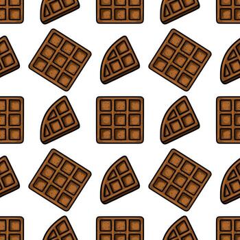 Seamless pattern of brown waffles, featuring whole squares and quarter slices, creating a delicious and playful design. vector