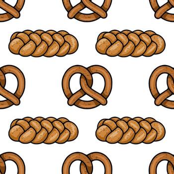 sin costura modelo presentando dibujado a mano ilustraciones de jalá un pan y pretzels, exhibiendo un rústico, estilo panadería estético con marrón tonos en un blanco antecedentes. vector
