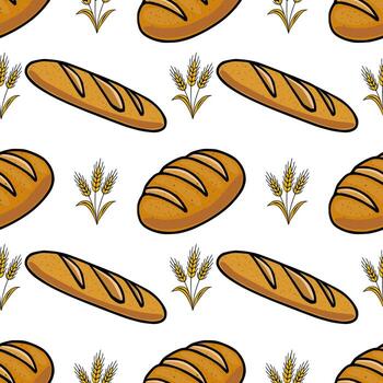 Seamless pattern featuring hand-drawn illustrations of golden-brown loaves and baguettes, interspersed with stylized wheat stalks, creating a rustic bakery-themed design. vector