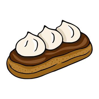 Delicious illustration of a single eclair pastry with three swirls of cream, showcasing a hand-drawn style with brown and beige color palette. vector