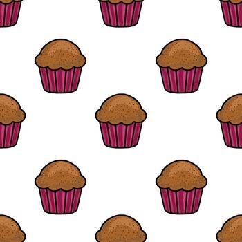 Seamless pattern of hand-drawn chocolate muffins in maroon paper cups, featuring a speckled texture and a playful, slightly imperfect style, ideal for bakery branding or dessert-themed designs. vector