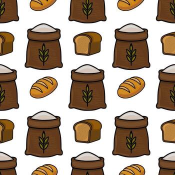 Seamless pattern featuring hand-drawn illustrations of brown flour sacks with wheat symbols, loaves of bread, and piles of flour, creating a rustic and appetizing bakery design. vector