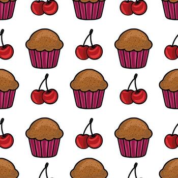 Seamless pattern featuring hand-drawn chocolate muffins and pairs of cherries, creating a charming and appetizing repeat design ideal for bakery branding or culinary projects. vector