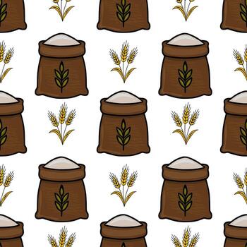 sin costura modelo de marrón sacos de harina, trigo orejas, y estilizado trigo ramitas, creando un rústico y orgánico textura ideal para panadería o relacionado con la comida diseños vector