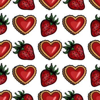 Seamless pattern featuring hand-drawn illustrations of heart-shaped strawberry jam cookies and ripe strawberries, creating a vibrant and sweet design perfect for Valentines Day or bakery br... vector
