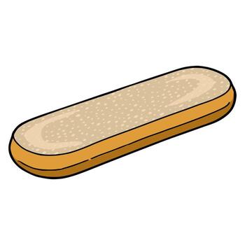 A illustration of a single, elongated bread roll, featuring a detailed crumb texture and a distinct golden-brown crust, presented in a slightly three-dimensional perspective. vector