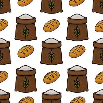 Seamless pattern featuring hand-drawn illustrations of brown burlap sacks filled with flour, complemented by loaves of bread, creating a rustic and charming bakery-themed design. vector