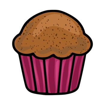 A illustration of a single chocolate muffin in a maroon paper cup, featuring a hand-drawn style with textured brown topping and distinct vertical lines on the cup. vector