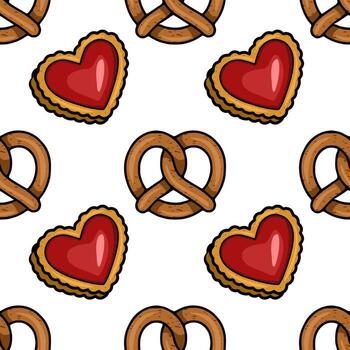Seamless pattern featuring hand-drawn pretzels and heart-shaped cookies with red filling, creating a charming and playful bakery-themed design. vector