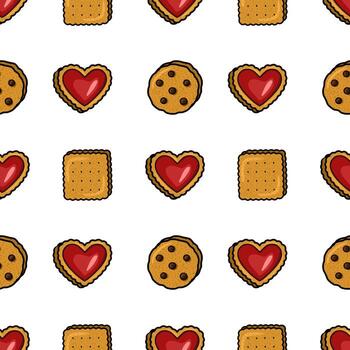 Delightful Seamless Pattern of Assorted Cookies Heart-Shaped, Square Crackers, and Chocolate Chip Delights, Perfect for Packaging or Festive Designs. vector