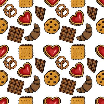 Seamless pattern featuring a delightful assortment of bakery items heart-shaped cookies, crunchy crackers, chocolate waffles, pretzels, and chocolate chip cookies, all rendered in a charmin... vector