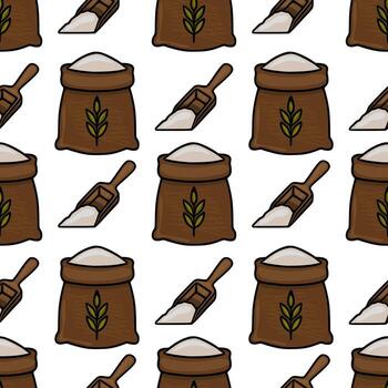 sin costura modelo de marrón sacos de harina, de madera cucharadas, y trigo orejas, ilustrando un rústico panadería tema con dibujado a mano estilo y terroso tonos vector