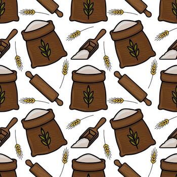 sin costura modelo de dibujado a mano panadería elementos harina sacos, laminación alfiler, cucharón, y trigo orejas, creando un rústico y encantador diseño ideal para cocina textiles o comida embalaje. vector