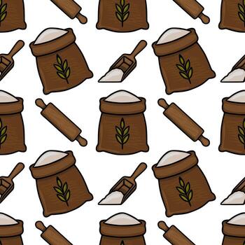 sin costura modelo de rústico panadería elementos harina sacos, laminación patas, y cucharadas, exhibiendo un encantador dibujado a mano estilo con marrón y beige tonos vector
