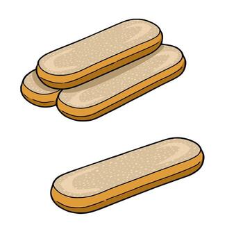 A illustration of three oblong slices of bread, stacked and arranged in a playful, slightly off-kilter composition, with a single slice below, showcasing a detailed pop-art style with textur... vector