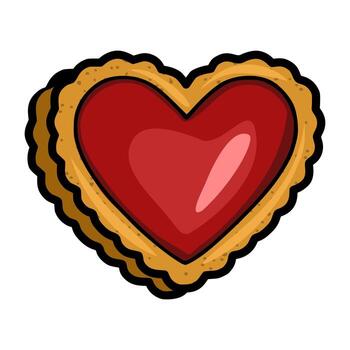 A illustration of a charming heart-shaped cookie with a red filling, featuring a hand-drawn style with textured edges and subtle shading for a delightful bakery element. vector