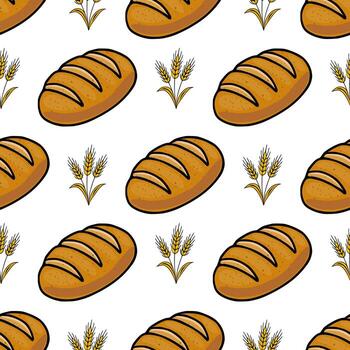 Seamless pattern of rustic brown bread loaves and golden wheat stalks, creating a charming and appetizing bakery design. vector