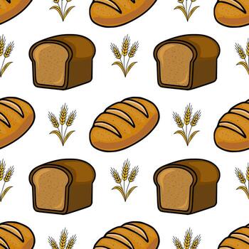 Seamless pattern featuring a delightful arrangement of brown bread loaves and golden wheat stalks, creating a rustic and appetizing design ideal for bakery branding or food-related projects. vector