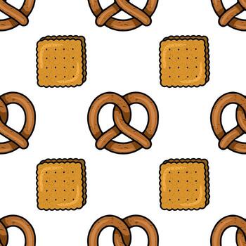 sin costura modelo presentando dibujado a mano ilustraciones de pretzels y cuadrado galletas saladas, exhibiendo un encantador, rústico estilo con calentar marrón y dorado matices, ideal para panadería embalaje o comida-r... vector