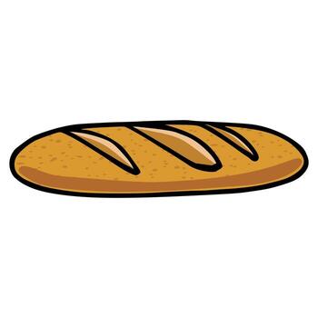 A illustration of a single, cartoonish baguette with a golden-brown crust, three distinct slashes, and a textured surface, isolated on a white background. vector