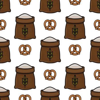 sin costura modelo presentando dibujado a mano ilustraciones de harina sacos, trigo tallos, y pretzels, creando un rústico temática de panadería diseño. vector