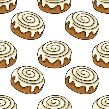 Seamless pattern featuring hand-drawn illustrations of cinnamon rolls with creamy frosting, showcasing a delightful swirl design and textured brown bun, ideal for bakery branding or sweet tr... vector