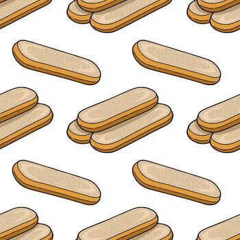 Seamless pattern of hand-drawn oblong bread slices, featuring a beige crumb texture and golden-brown crust, arranged in a dynamic, overlapping composition against a white background. vector
