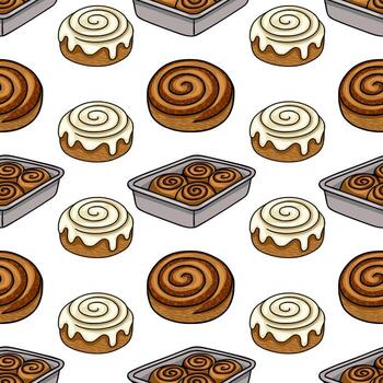 encantador sin costura modelo presentando dibujado a mano ilustraciones de canela rollos, ambos individualmente y en horneando sartenes, exhibiendo un encantador, apetitoso estilo con marrón y crema tonos vector