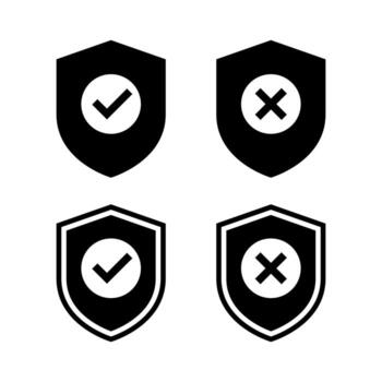 Defense shield icon set. Check and cross mark symbol. Verification badge concept vector