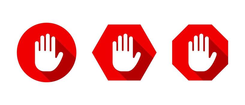 Stop hand sign icon with long shadow. Palm gesture symbol. Access restriction concept vector