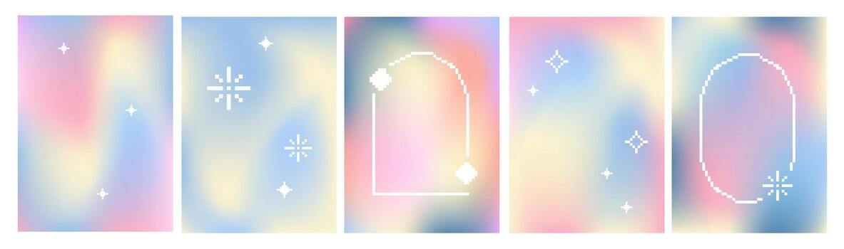 Light multicolor gradient background with pixel sparkle stars and frames. Wave gradation banner. Y2k aesthetic design vector