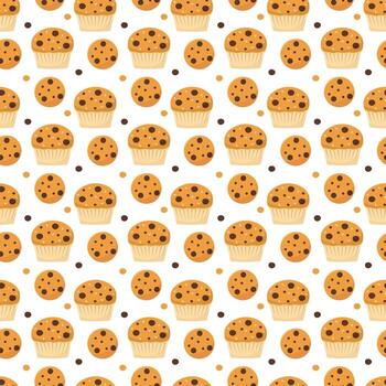 Seamless pattern with chocolate muffin and cookie. with chocolate drops. bakery, food, pastry theme. vector