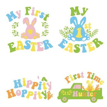 My first Easter modern design with bunny ears and eggs. Easter quote for baby. illustration greeting card templates with bunny in Groovy style vector