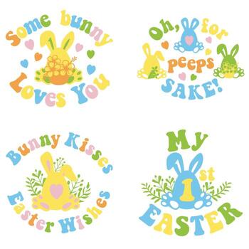 My first Easter with bunny ears and eggs. Easter quote for baby. greeting card templates with bunny in Groovy style vector