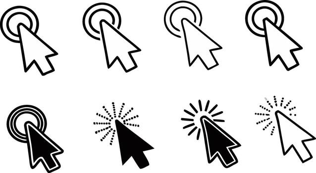 Collection of computer mouse pointer icons illustrating click and hover actions silhouette vector