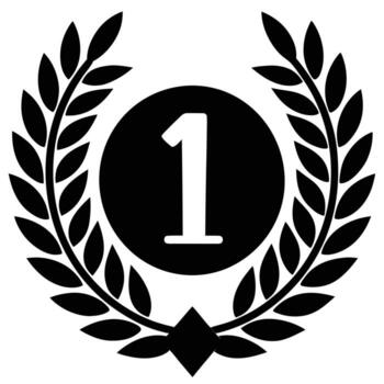 Black and white silhouette of a laurel wreath with a white number one in a black circle at the center vector