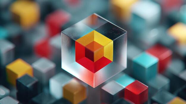 A colorful cube with a red and yellow square in the middle photo