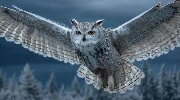 Owl flying in the sky with dark clouds in the background photo