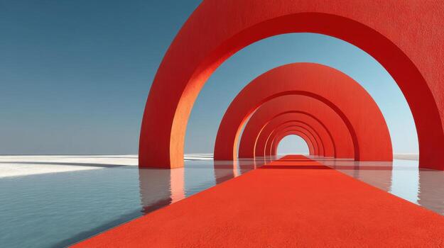 rojo alfombra líder a un grande arco foto