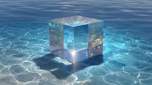 A cube floating in the water with sunlight shining through it photo