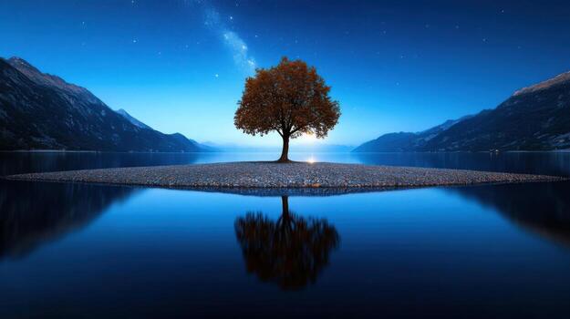 A lone tree stands on a small island amidst a tranquil lake, reflecting perfectly in the still water. The mountains rise in the background under a star-filled night sky photo