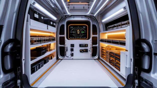 The interior of a van with a large screen photo