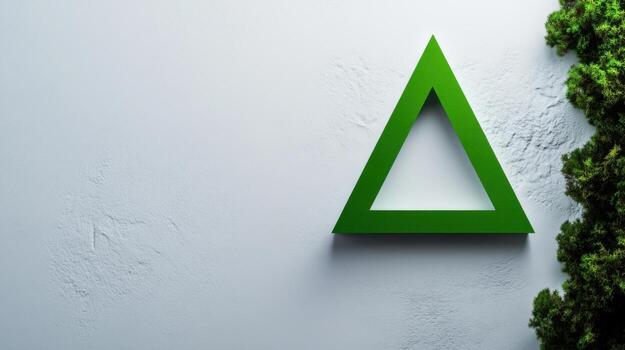 Green triangle on a white wall with a green tree photo