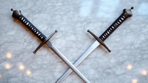Two beautifully crafted swords are crossed against a smooth marble surface, emphasizing their intricate designs and shiny blades. The setting is elegantly lit, highlighting the swords photo