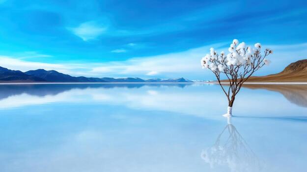 A solitary tree stands on a vast salt flat reflecting the clear blue sky. This serene scene captures the beauty of nature in a remote area, showcasing the unique desert landscape and tranquility photo
