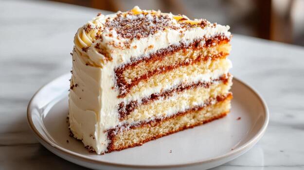 A perfectly layered cake with creamy frosting is presented on a simple white plate, inviting patrons to enjoy a sweet treat in a relaxed cafe atmosphere during the afternoon photo