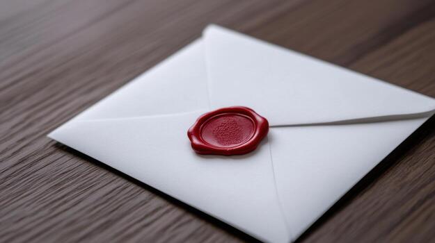 A red wax seal on top of an envelope photo