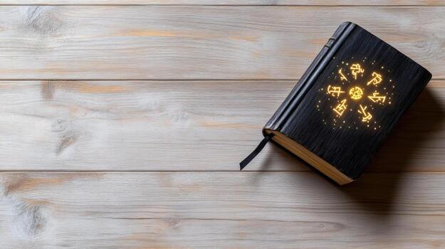 A book with a golden star on it on a wooden table photo
