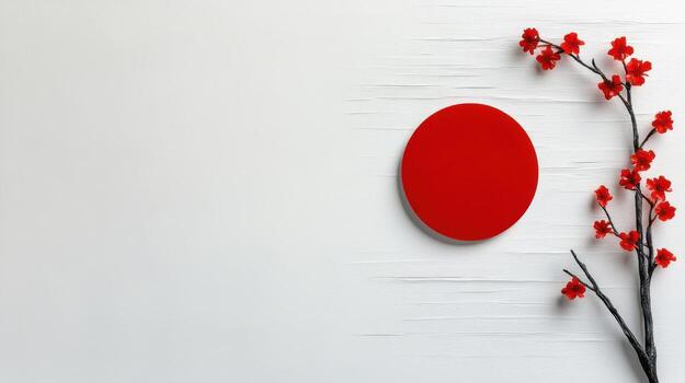 A red circle on a white wall with a branch of red flowers photo