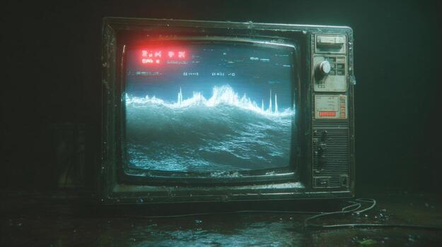 An old television with a screen showing a wave photo